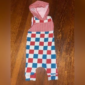 Rags to Raches red white blue checker stripe sleeveless hooded romper jumpsuit